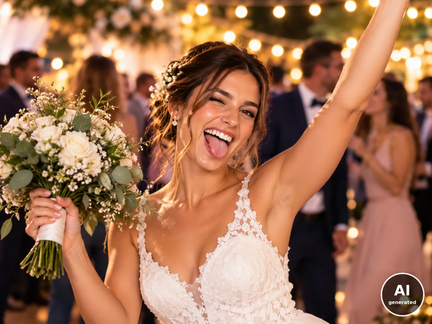 Braut mit Brautstrauß feiert auf der Hochzeit